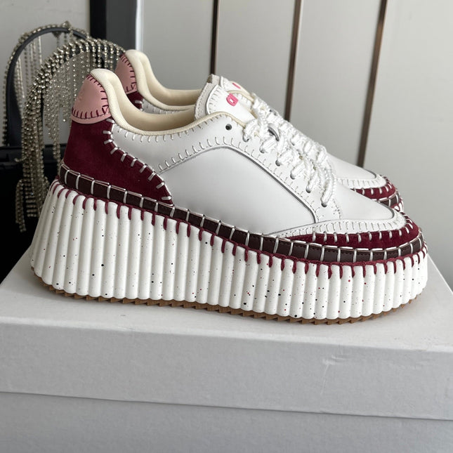 CHLOE 26S LACE-UP SNEAKERS IN WHITE CALFSKIN MIX DARK RED SUEDE