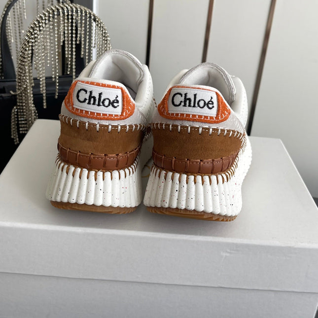 CHLOE 26S LACE-UP SNEAKERS IN WHITE MIX BROWN CALFSKIN