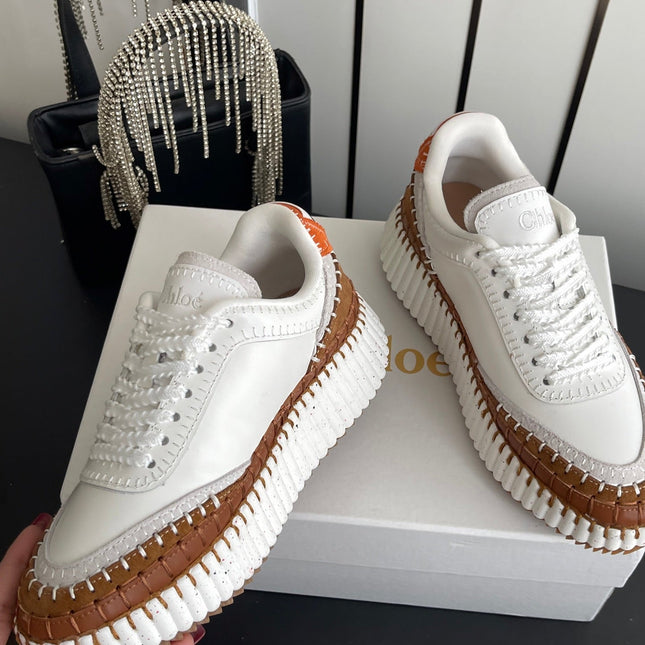 CHLOE 26S LACE-UP SNEAKERS IN WHITE MIX BROWN CALFSKIN