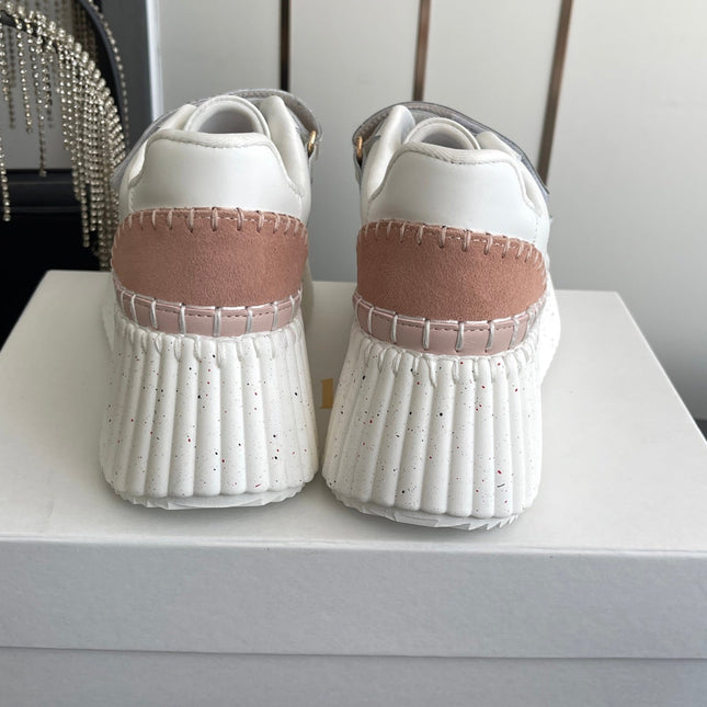 CHLOE 26S PLATFORM SNEAKERS IN WHITE AND LIGHT PINK CALFSKIN