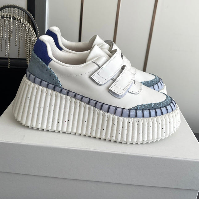 CHLOE 26S PLATFORM SNEAKERS IN WHITE AND LIGHT BLUE CALFSKIN