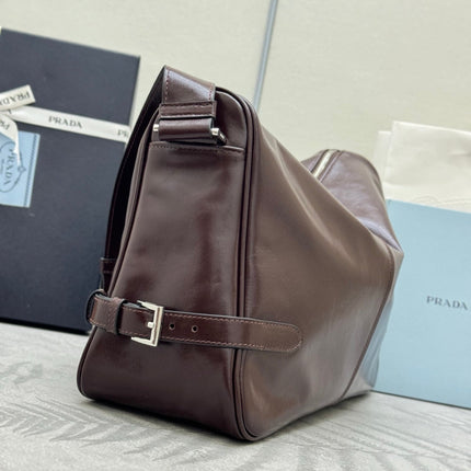PRADA 25S SHOULDER BAG 35 IN DARK BROWN CALFSKIN SILVER HARDWARE