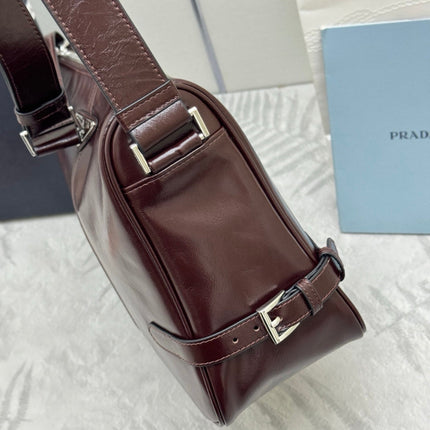 PRADA 25S SHOULDER BAG 35 IN DARK BROWN CALFSKIN SILVER HARDWARE