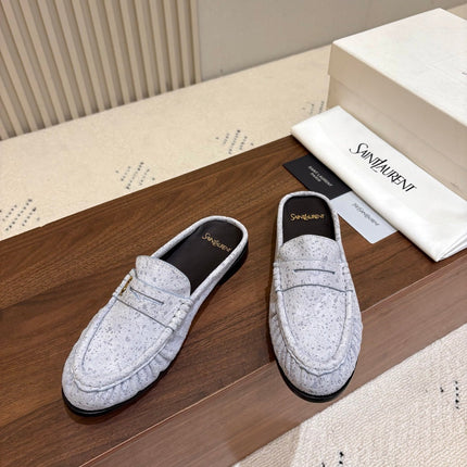YSL 26S LOAFER MULES IN ICE GREY SUEDE