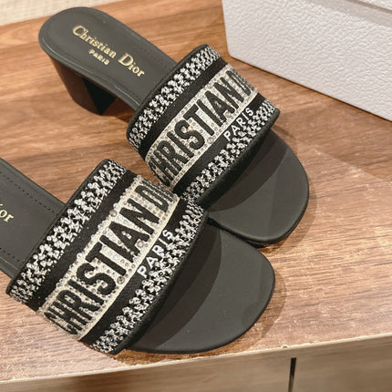 DIOR 26S D-CLUB EMBROIDERED HEELED SLIDES IN BLACK