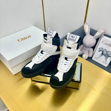 CHLOE 26S HIGH-TOP SKATE SNEAKERS IN WHITE CALFSKIN AND BLACK MESH