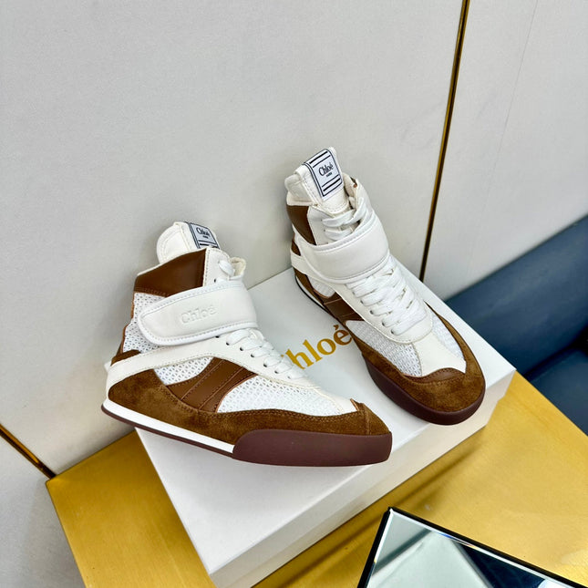 CHLOE 26S HIGH-TOP SKATE SNEAKERS IN CREAM WHITE MESH MIX BROWN SUEDE
