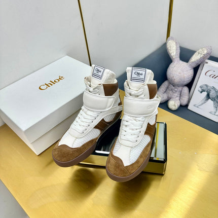 CHLOE 26S HIGH-TOP SKATE SNEAKERS IN CREAM WHITE MESH MIX BROWN SUEDE