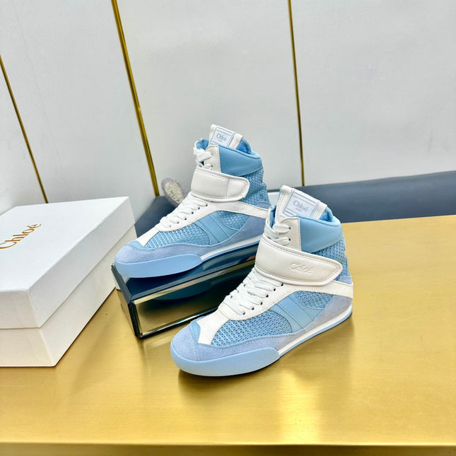 CHLOE 26S HIGH-TOP SKATE SNEAKERS IN WHITE CALFSKIN AND BLUE SUEDE