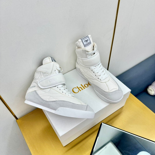 CHLOE 26S HIGH-TOP SKATE SNEAKERS IN WHITE CALFSKIN AND LIGHT GREY SUEDE