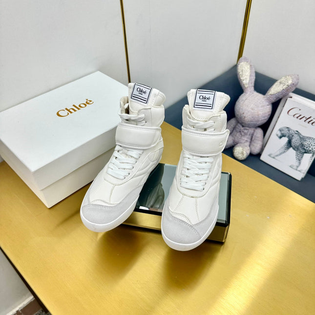 CHLOE 26S HIGH-TOP SKATE SNEAKERS IN WHITE CALFSKIN AND LIGHT GREY SUEDE