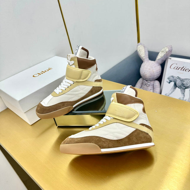 CHLOE 26S HIGH-TOP SKATE SNEAKERS IN BEIGE CALFSKIN AND BROWN SUEDE