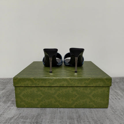 GUCCI 26S MULE SANDALS 85MM IN BLUE GG DENIM