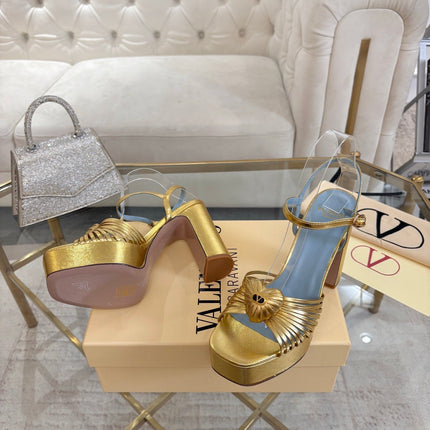 VALENTINO 26S PLATFORM SANDALS 110 MM IN GOLD AND BLUE CALFSKIN