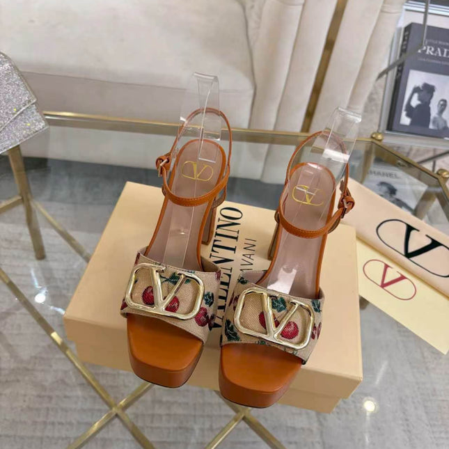VALENTINO 26S PLATFORM SANDALS 110 MM IN COGNAC BROWN CALFSKIN AND BEIGE CANVAS