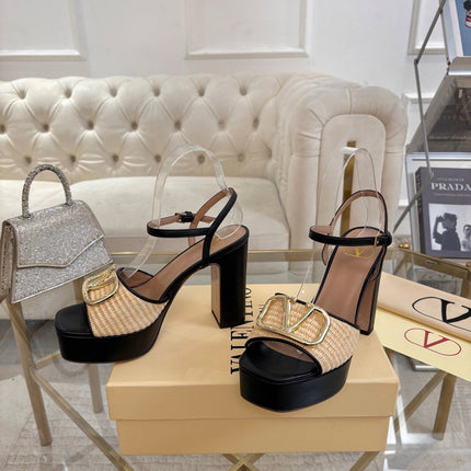 VALENTINO 26S PLATFORM SANDALS 110 MM IN BLACK CALFSKIN AND BEIGE RAFFIA
