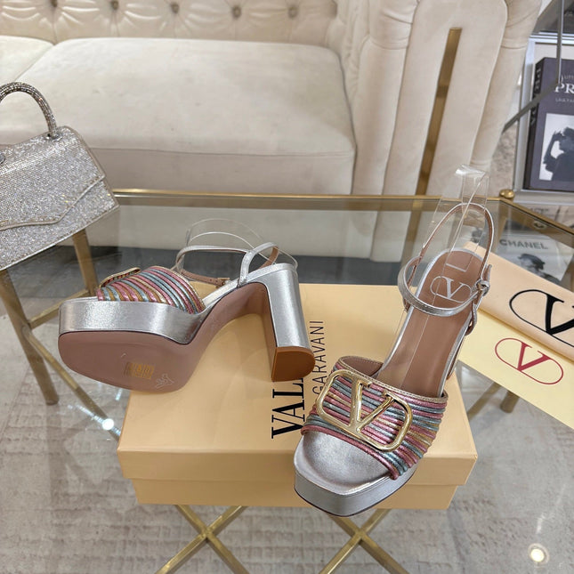 VALENTINO 26S PLATFORM SANDALS 110 MM IN SILVER CALFSKIN WITH GOLD HARDWARE