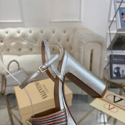 VALENTINO 26S PLATFORM SANDALS 110 MM IN SILVER CALFSKIN WITH GOLD HARDWARE