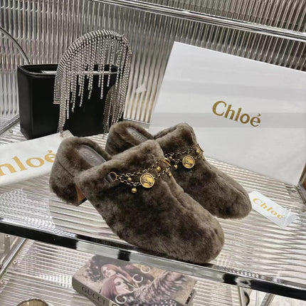 CHLOÉ 26S HIGH-HEELED MULES IN SMOKY BROWN WOOL