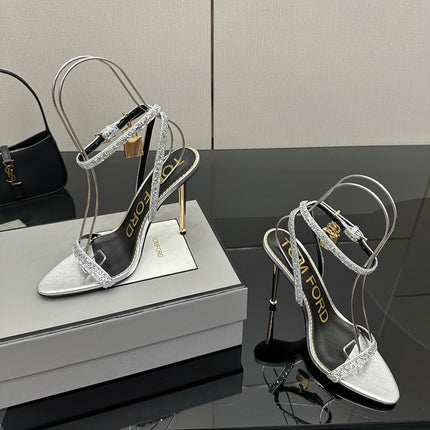 TOM FORD 26S HEELED SANDALS 100 MM IN SILVER CALFSKIN