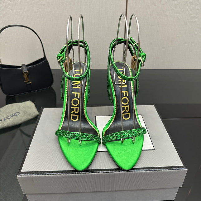 TOM FORD 26S HEELED SANDALS 100 MM IN GREEN CALFSKIN