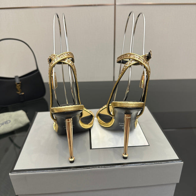 TOM FORD 26S HEELED SANDALS 100 MM IN METALLIC GOLD CALFSKIN