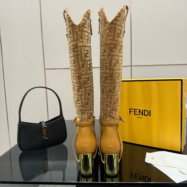 FENDI 25S KNEE-HIGH BOOTS 50 MM IN GOLDEN BROWN CALFSKIN AND FABRIC PRINT LOGO