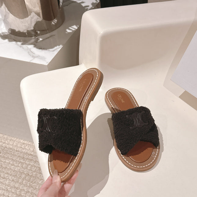 CELINE 25S LYMPIA TWISTED SANDAL IN BLACK SPONGE FABRIC