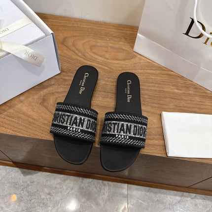 DIOR 26S FLAT SLIDE SANDALS IN BLACK CRYSTAL-EMBROIDERED CANVAS