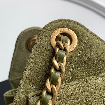 CHANEL 25S HOBO BAG 22 IN MOSS GREEN SUEDE WITH GOLD HARDWARE