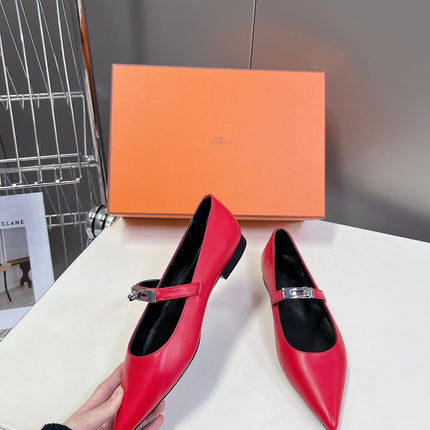 HM 26S KELLY BUCKLE MARY JANE POINTED FLATS IN RED CALFSKIN