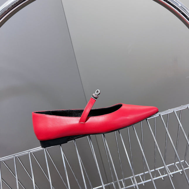 HM 26S KELLY BUCKLE MARY JANE POINTED FLATS IN RED CALFSKIN