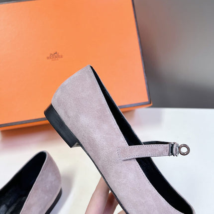 HM 26S KELLY BUCKLE MARY JANE POINTED FLATS IN TAUPE BROWN SUEDE
