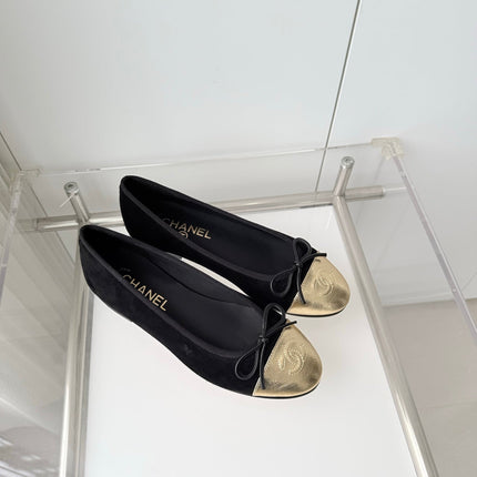 CHANEL 26S BALLET FLATS IN BLACK SUEDE WITH GOLD TOE CAP AND BOW