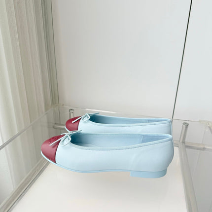 CHANEL 26S BALLET FLATS IN LIGHT BLUE CALFSKIN WITH BURGUNDY RED PATENT TOE CAP & BOW
