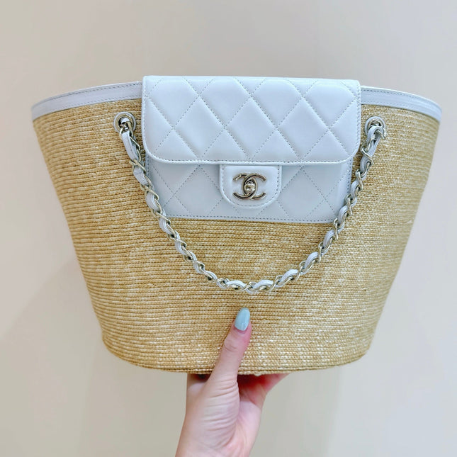 CHANEL 26S TOTE BAG 18 IN BEIGE FABRIC AND WHITE CALFSKIN