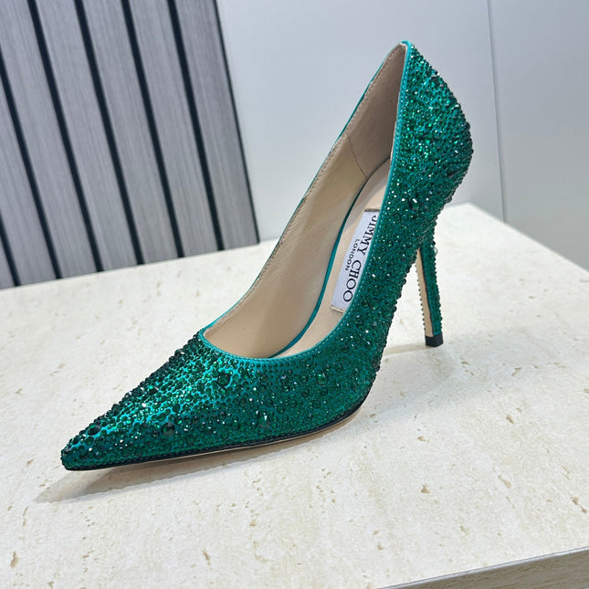 JIMMY CHOO 26S HIGH HEELS 95 MM IN GREEN CRYSTAL-EMBELLISHED