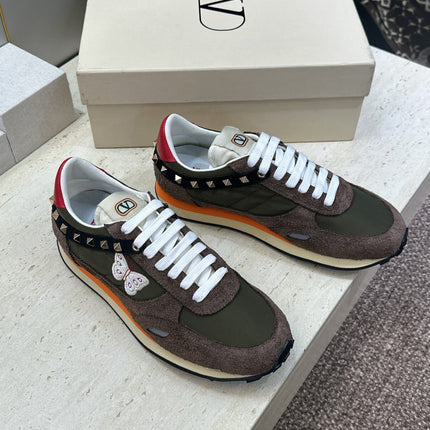 VALENTINO 26S BUTTERFLY EMBROIDERED SNEAKERS IN BROWN SUEDE & MOSS GREEN FABRIC