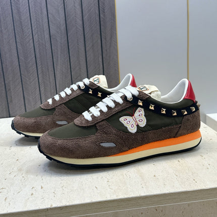 VALENTINO 26S BUTTERFLY EMBROIDERED SNEAKERS IN BROWN SUEDE & MOSS GREEN FABRIC