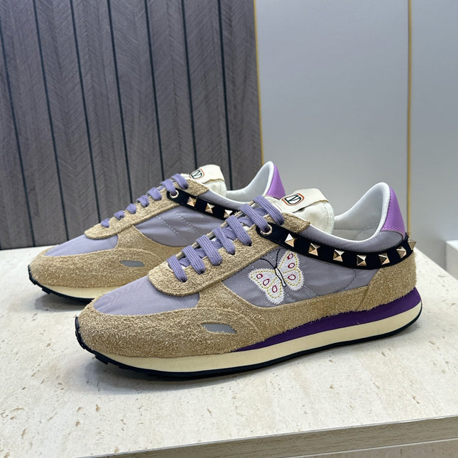 VALENTINO 26S BUTTERFLY EMBROIDERED SNEAKERS IN BEIGE SUEDE & PURPLE FABRIC