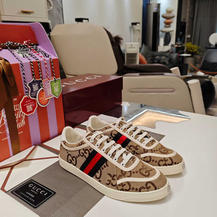 GUCCI 26S GG WEB SNEAKERS IN BEIGE GG CANVAS
