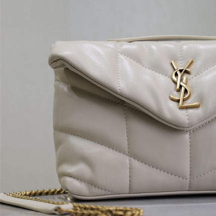 YSL 25S LOULOU PUFFER MINI 23 IN BLANC VINTAGE CALFSKIN GOLD HARDWARE