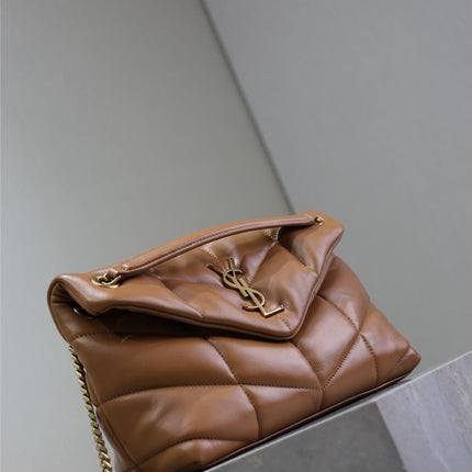 YSL 25S LOULOU PUFFER MM 29 IN CARAMEL CALFSKIN GOLD HARDWARE