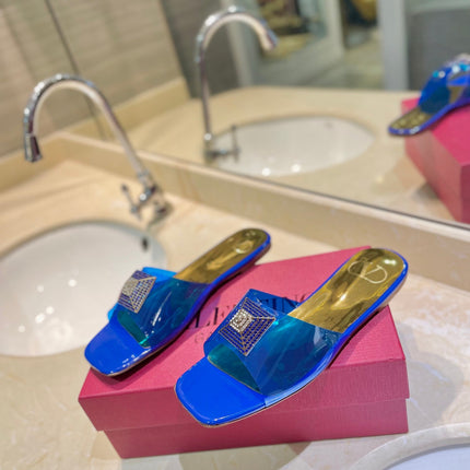 VALENTINO 26S FLAT SLIDES IN BLUE MIX GOLD LAMBSKIN WITH CRYSTAL