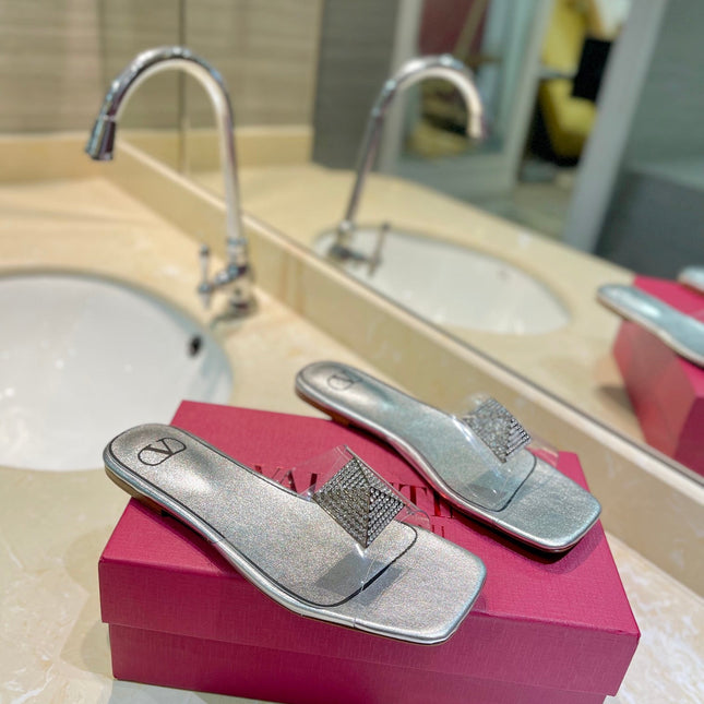 VALENTINO 26S FLAT SLIDES IN SILVER LAMBSKIN WITH CRYSTAL
