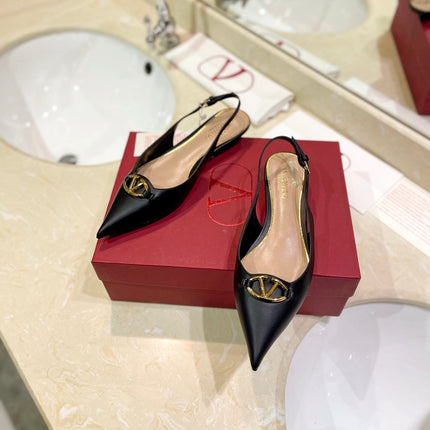 VALENTINO 26S POINTED TOE FLAT SLINGBACKS IN BLACK CALFSKIN