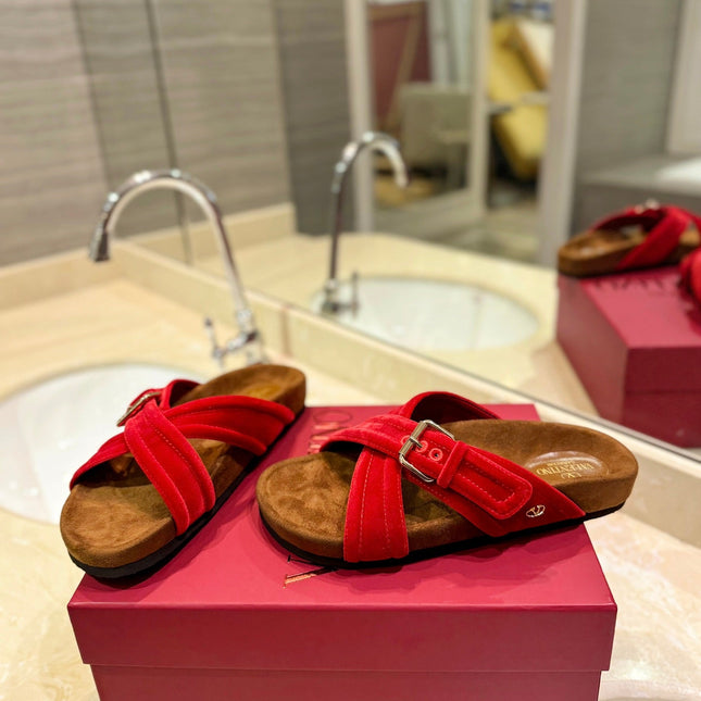 VALENTINO 26S CROSS STRAP SANDALS IN RED VELVET MIX BROWN SUEDE