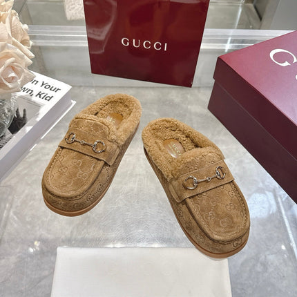 GUCCI 26S MULES IN CAMEL BROWN SUEDE GG LOGO PATTERN