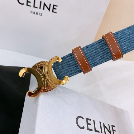 CELINE 25S BELT TRIOMPHE TAURILLON 25MM IN BROWN CALFSKIN AND DENIM 558356