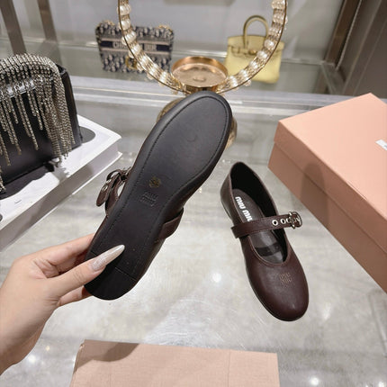 MIUMIU 26S MARY JANE FLATS IN DARK BROWN LAMBSKIN